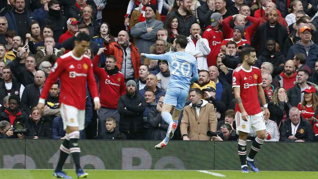 Bernardo Silva celebra un gol contra el Manchester United