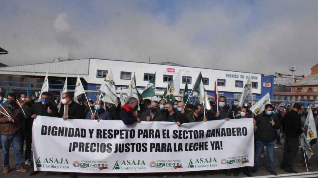 Protesta de los ganaderos de Castilla y León a las puertas de Lactalis en Zamora