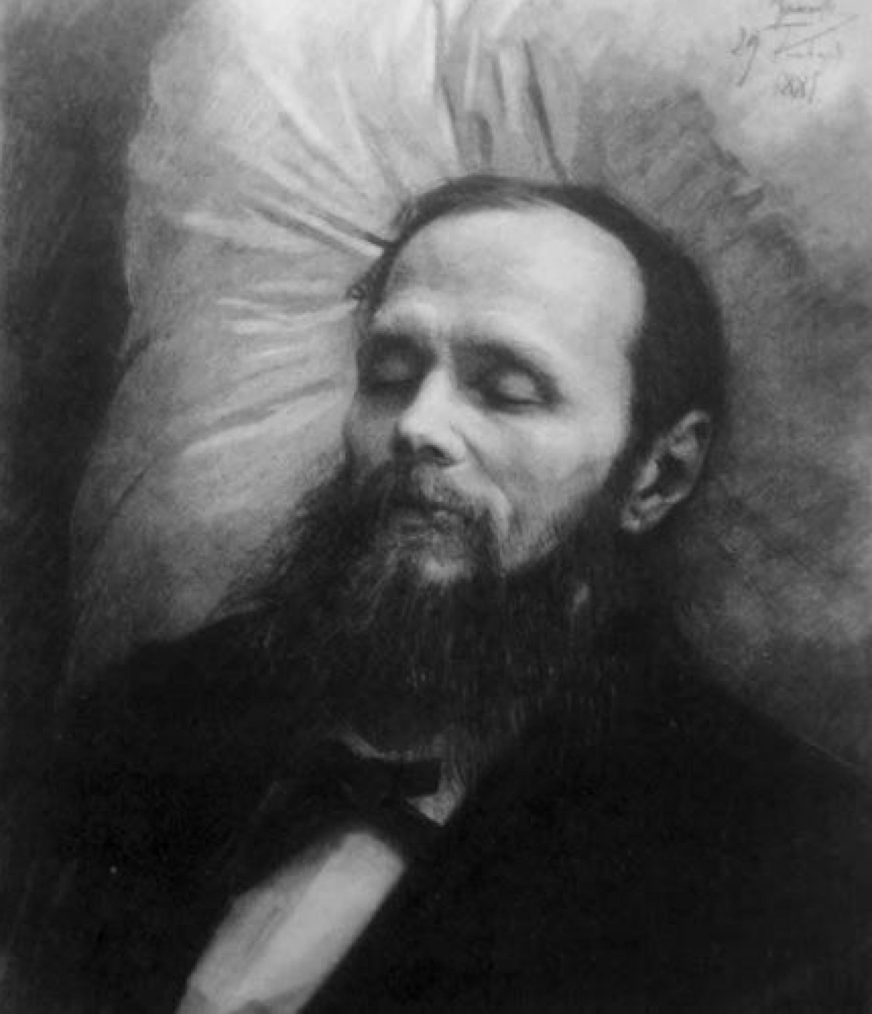 Fiódor Dostoyevski en su féretro, dibujado por Iván Kramskói (1881).