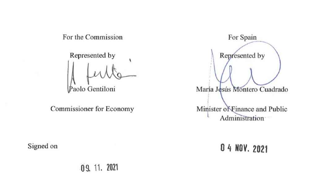 Firmas de Paolo Gentiloni, comisario de Economía, y María Jesús Montero, ministra de Hacienda e interlocutora con la UE para los fondos de recuperación.