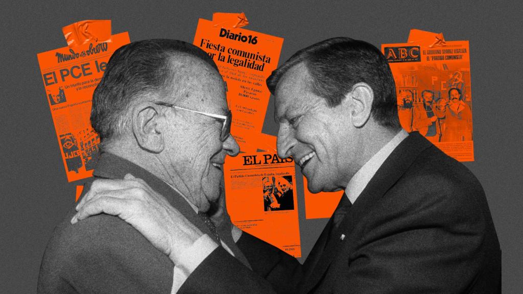 Santiago Carrillo, a la izquierda, y Adolfo Suárez, a la derecha, tras fundirse en un abrazo.