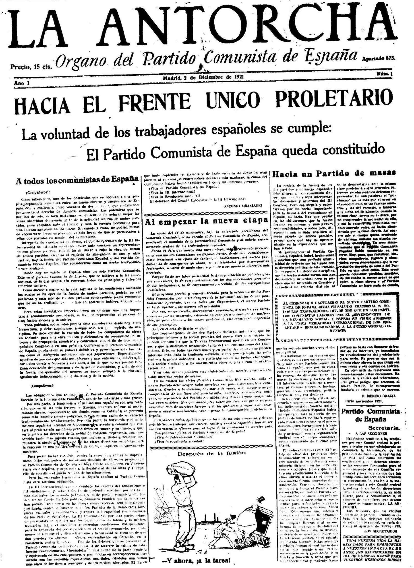 Portada de 'La Antorcha', primer órgano oficial del PCE, del 2 de diciembre de 1921.