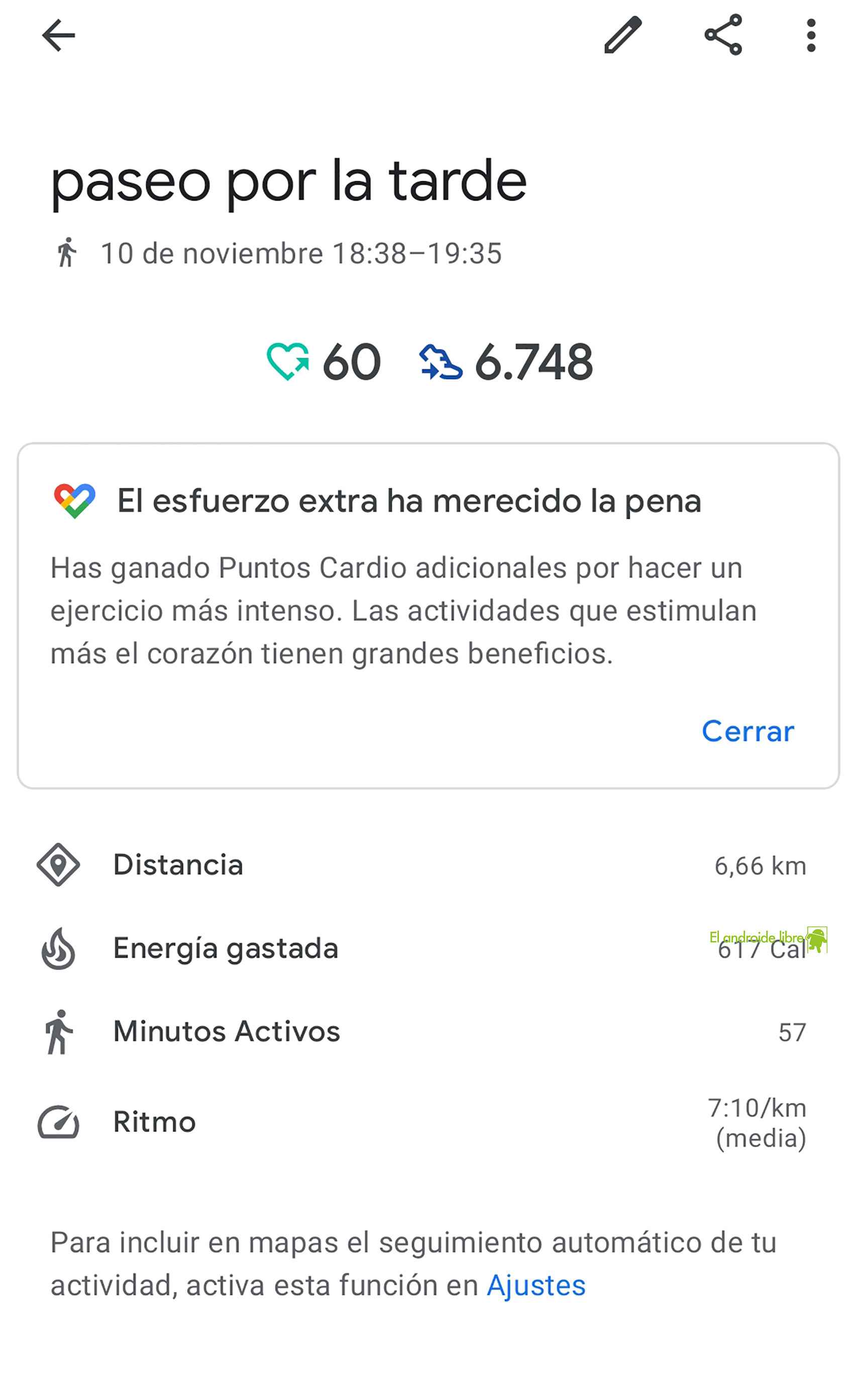 ¿Resumen de un ejercicio físico en Google Fit?