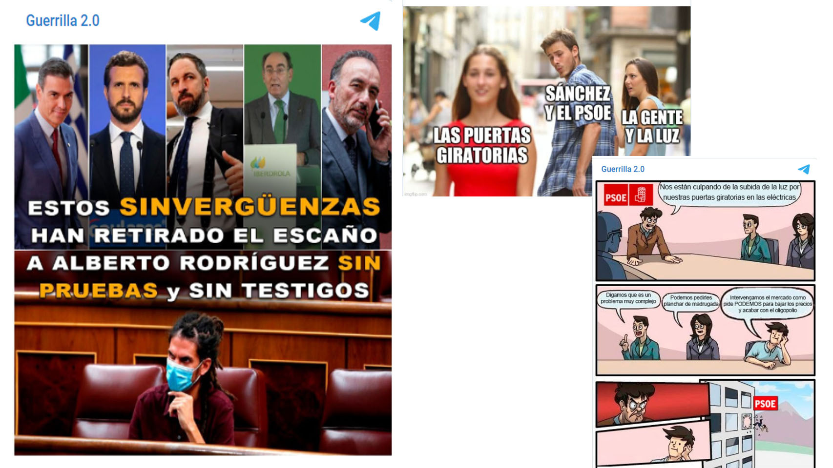 Algunas de las campañas que Podemos promueve contra sus socios de Gobierno a través del canal Guerrilla.