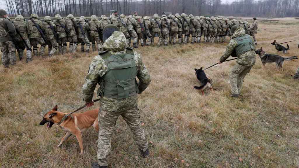 Guardias fronterizos ucranianos durante un entrenamiento en la frontera de Bielorrusia y Polonia.