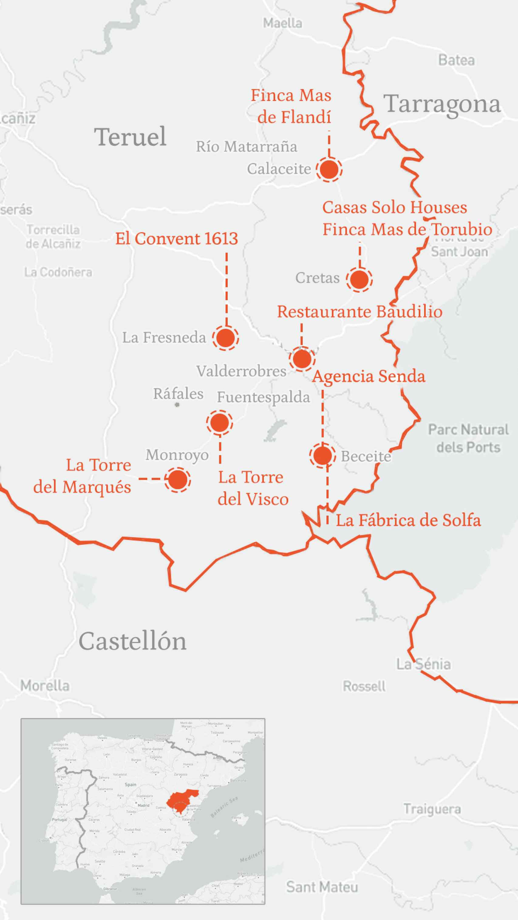 Mapa de la comarca del Matarraña, con los pueblos y establecimientos turísticos visitados en este reportaje.