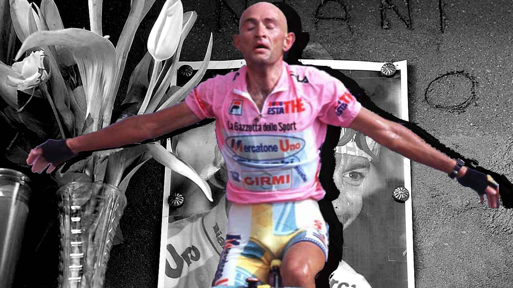 Marco Pantani celebrando una victoria y su tumba, en un fotomontaje