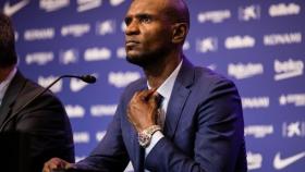 Eric Abidal, durante una rueda de prensa con el FC Barcelona