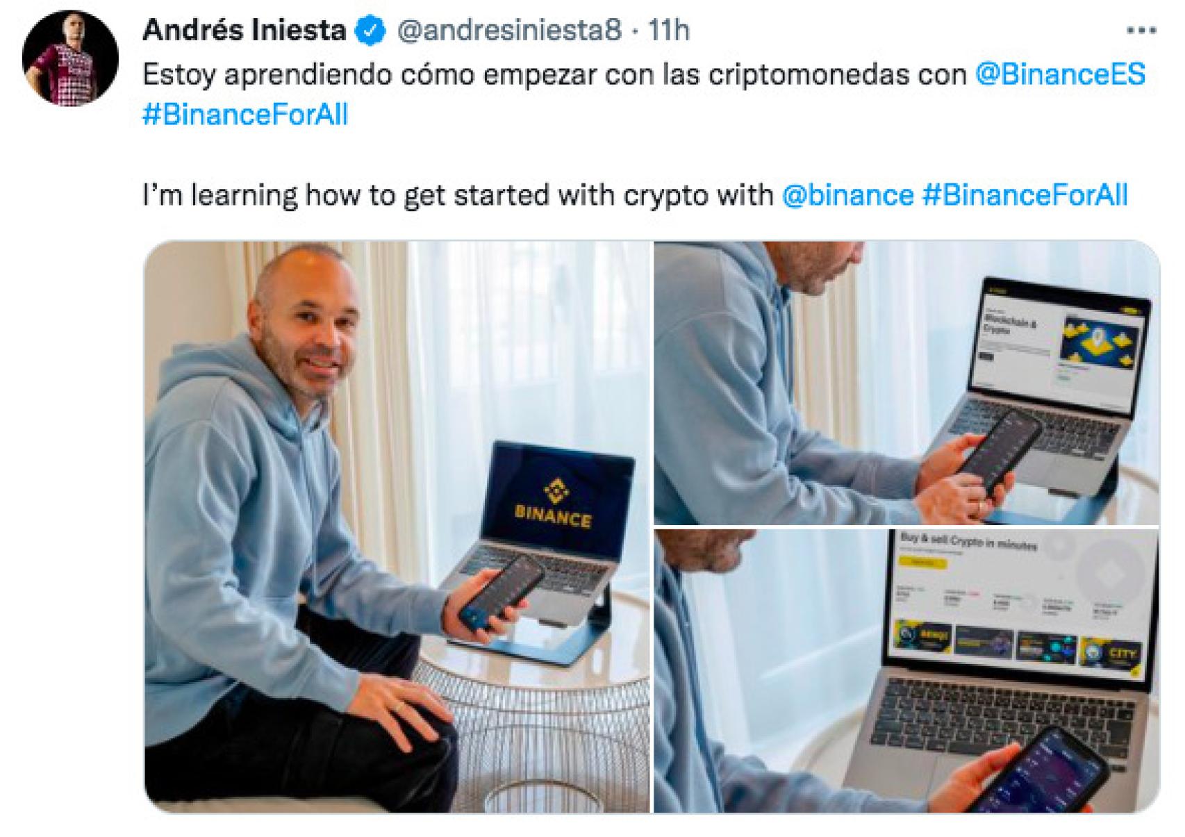 La publicidad de Binance que ha hecho Iniesta en Twitter.