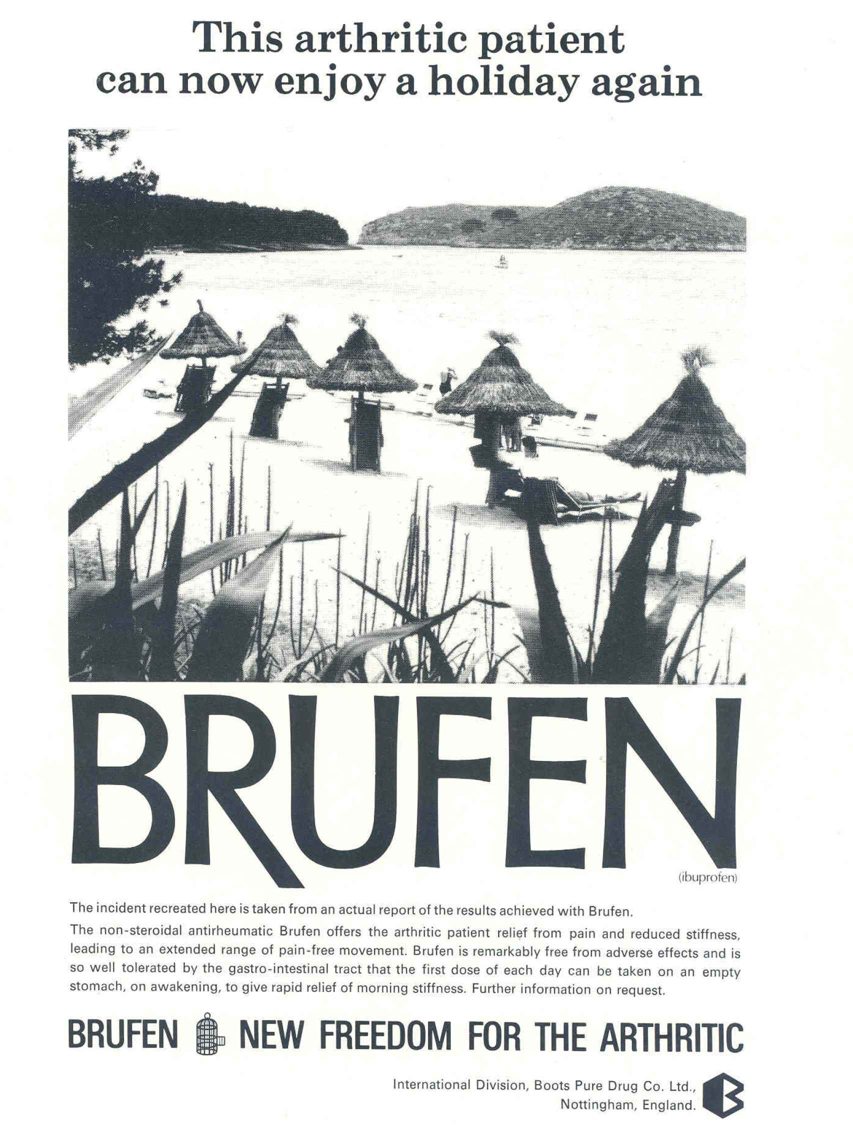 Anuncio del primer ibuprofeno, comercializado con el nombre de Brufen