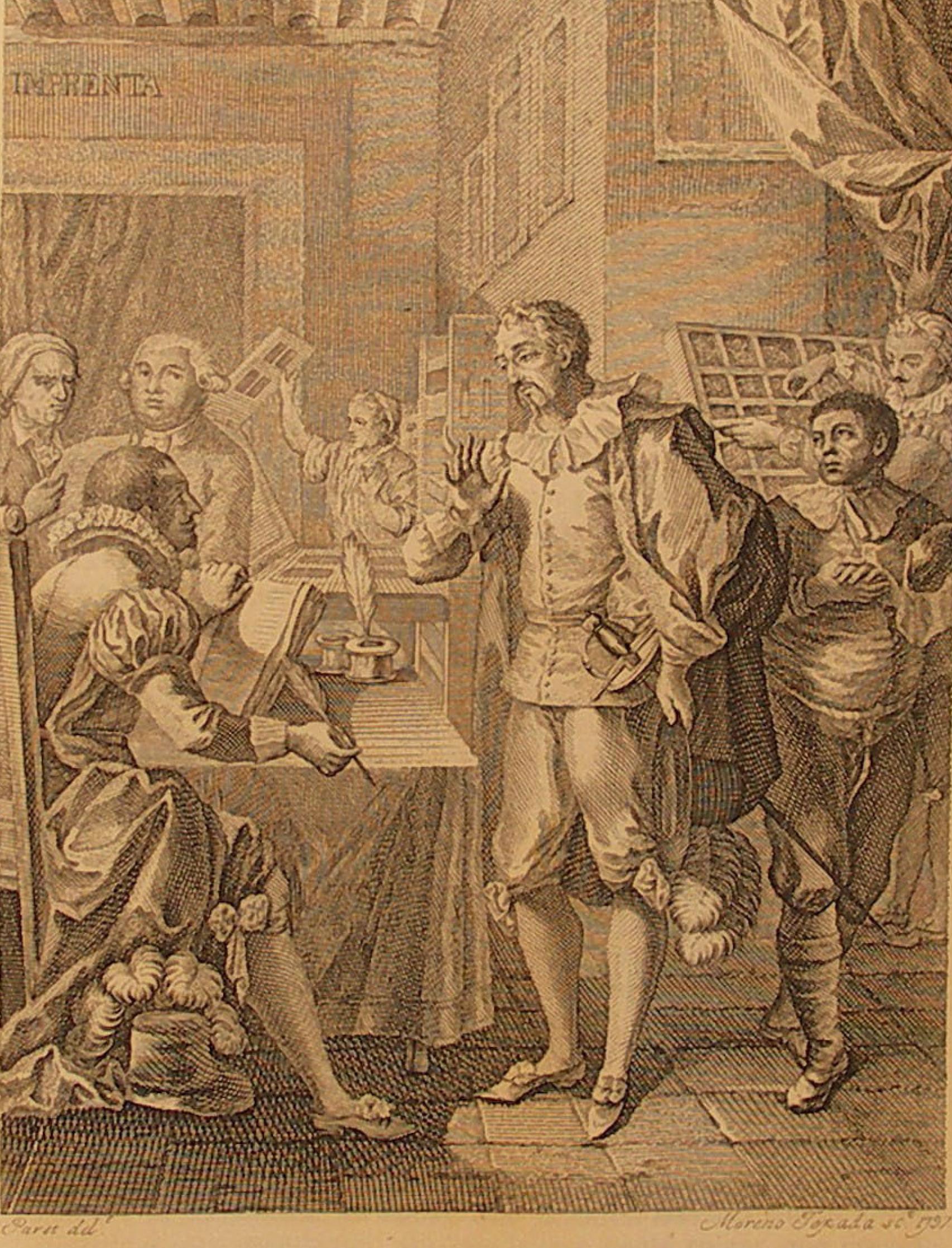 Grabado del s. XVIII de Don Quijote visitando una imprenta en Barcelona.