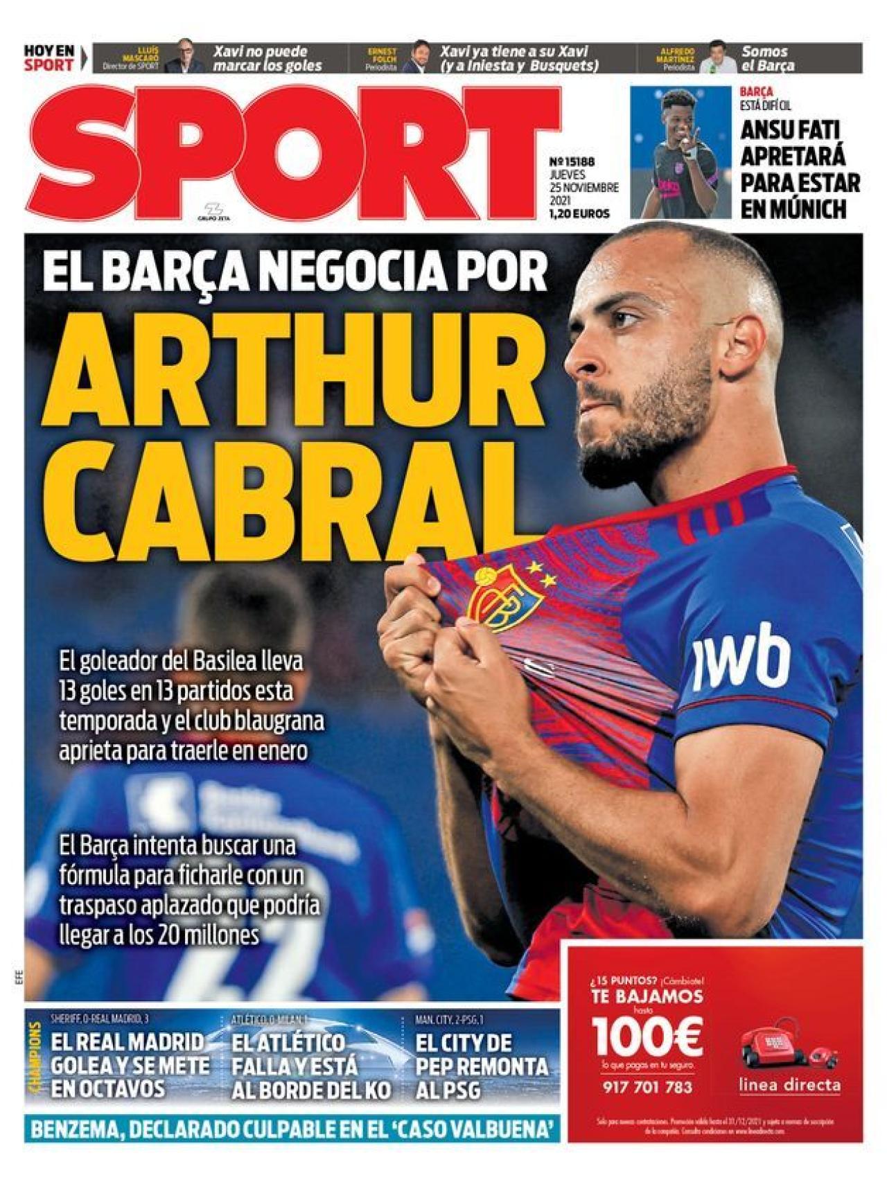 La Portada Del Periódico Sport Jueves 25 De Noviembre De 2021 El Barça Negocia Por Arthur 2012