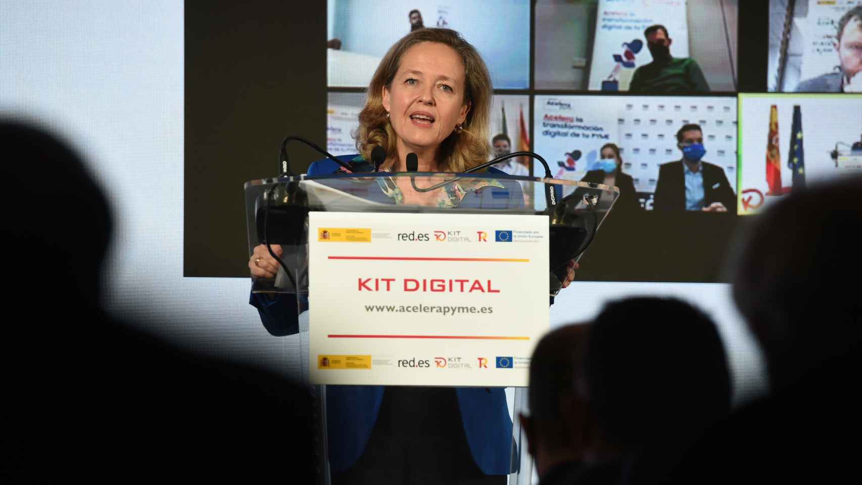 La vicepresidenta primera y ministra de Asuntos Económicos, Nadia Calviño, interviene en la presentación del Kit Digital en Ifema.