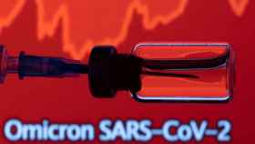 A vial and a syringe are seen in front of a displayed stock graph and words Omicron SARS-CoV-2 in this illustration taken