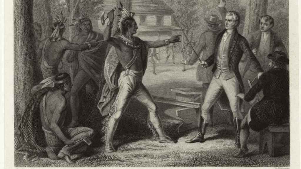 Enfrentamiento entre Tecumseh y Harrison en agosto de 1811, según una ilustración idealizada de la época.
