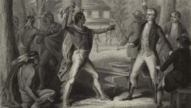 Enfrentamiento entre Tecumseh y Harrison en agosto de 1811, según una ilustración idealizada de la época.