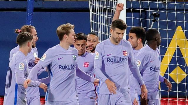 El Barça celebra el tercer gol contra el Villarreal