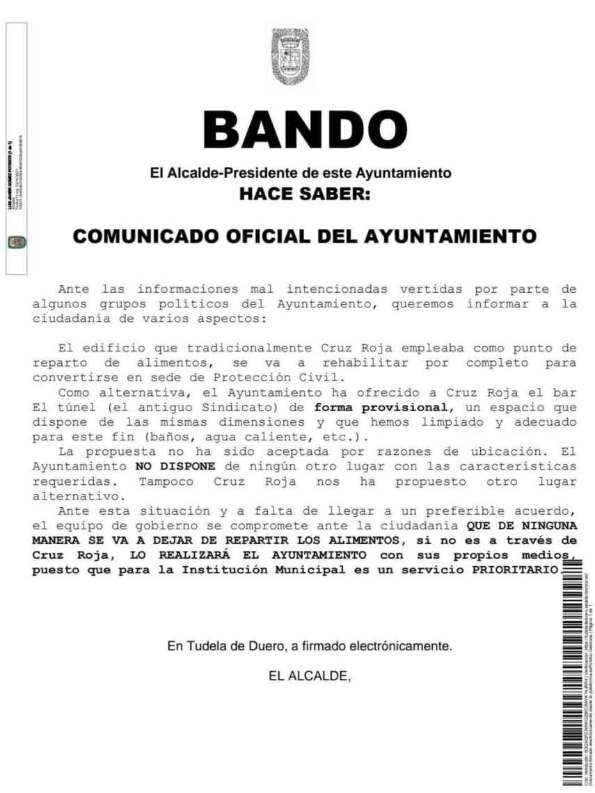 Bando municipal del alcalde de Tudela de Duero