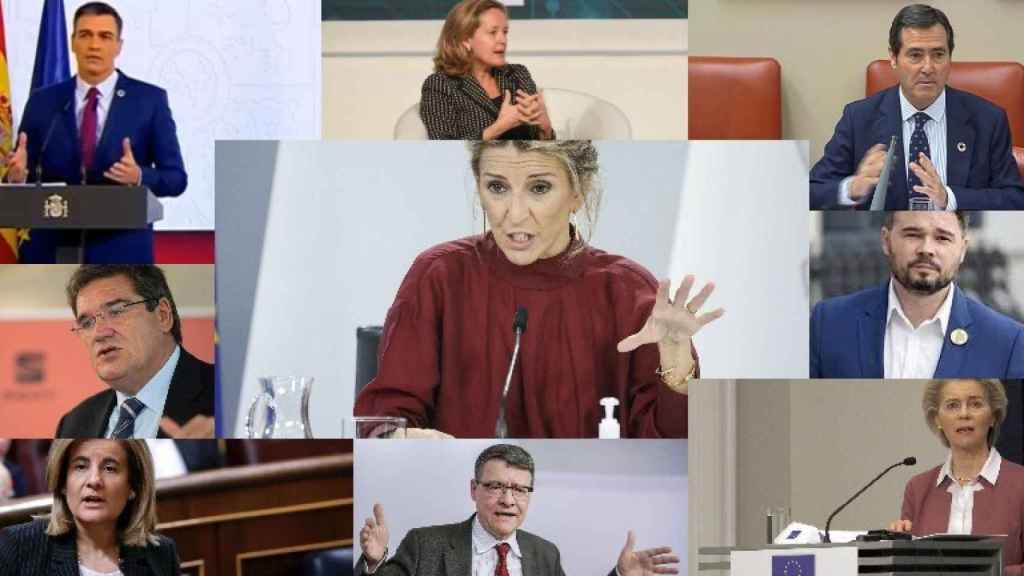 Pedro Sánchez, Nadia Calviño, Antonio Garamendi, José Luis Escrivá, Yolanda Díaz, Rufián, Fátima Báñez, Jordi Sevilla y Ursula von der Leyen.