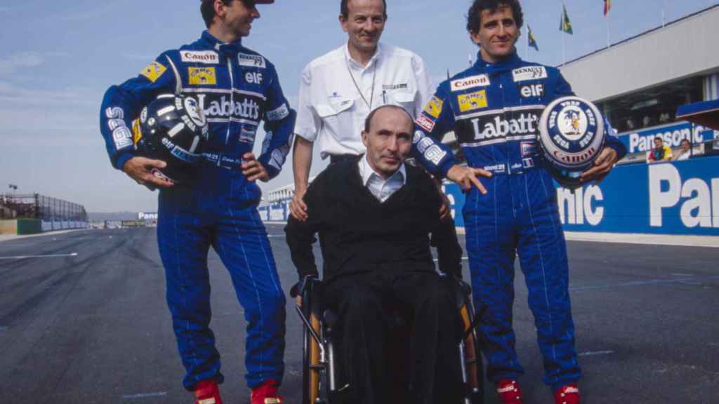 Alain Prost junto a Damon Hill y Cannon y Frank Williams