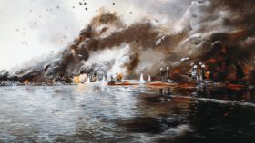 El ataque sobre Pearl Harbor visto por el artista John Hamilton.