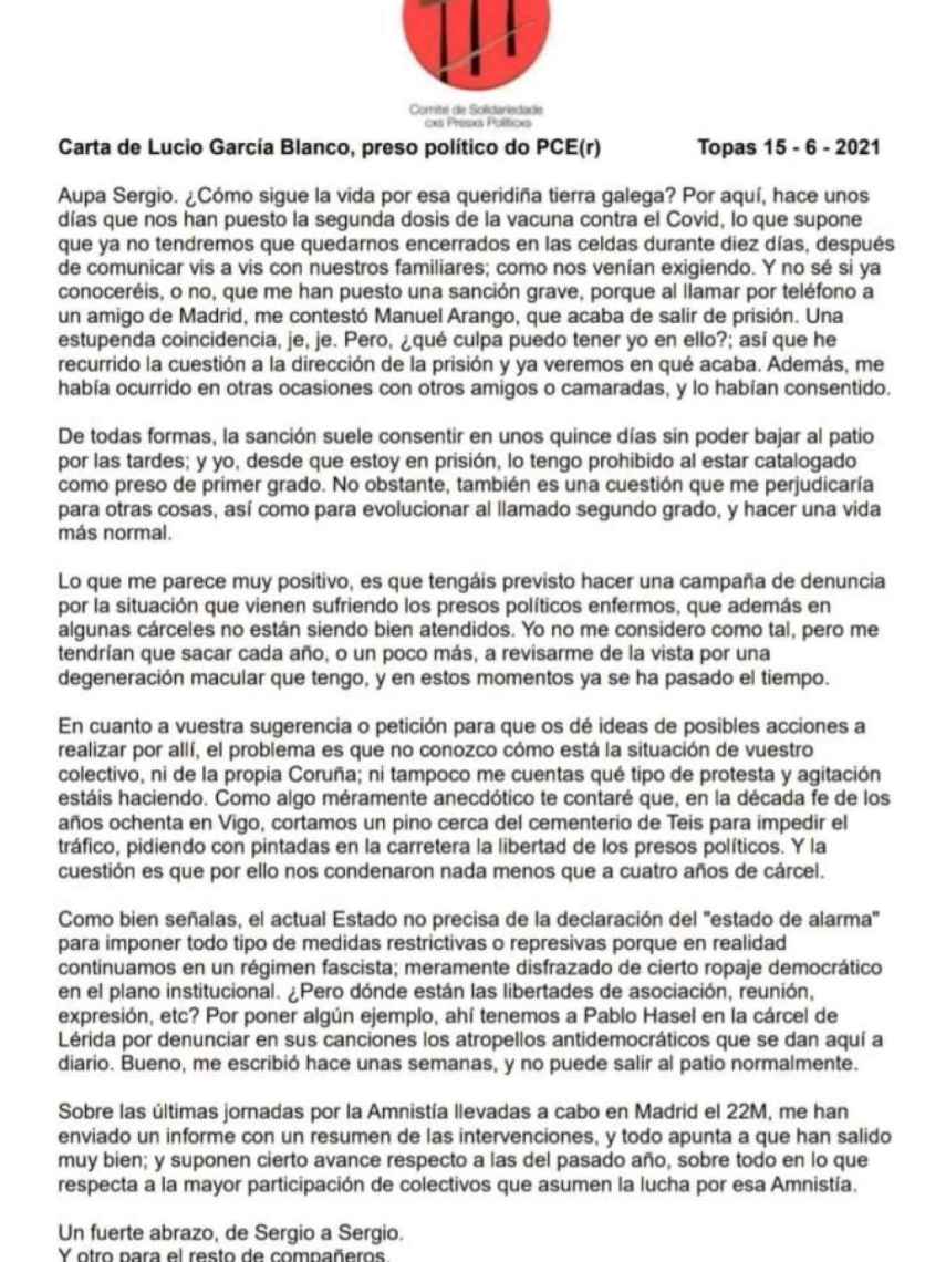 Carta publicada por Lucio García Blanco.