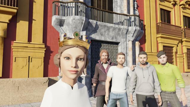 La reina Isabel la Católica se toma un selfie con los desarrolladores de Biznaga en la plaza del Obispo de Málaga