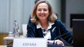 La vicepresidenta primera, Nadia Calviño, durante el Eurogrupo de este lunes