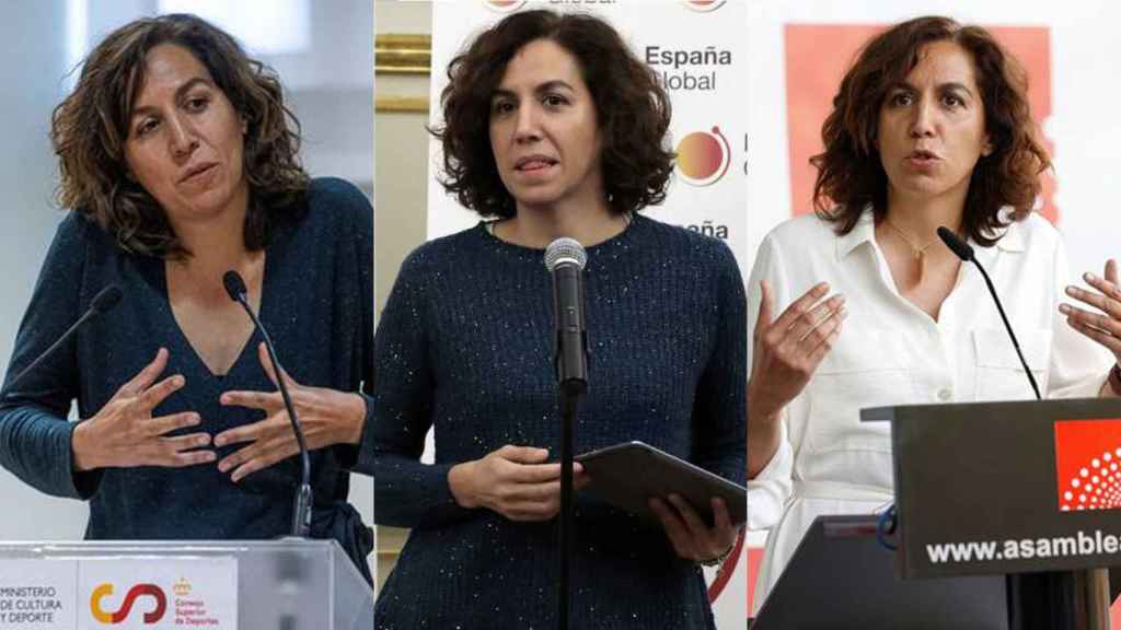 Irene Lozano. A la izquierda, dirigiendo el CSD; en el centro, la España global; a la derecha, en la Asamblea de Madrid.