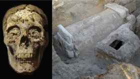 Una de las momias con la lengua de oro y una de las tumbas halladas.
