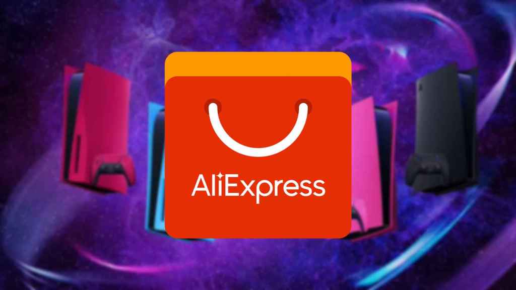 Logo de AliExpress junto a las PlayStation 5 de colores.
