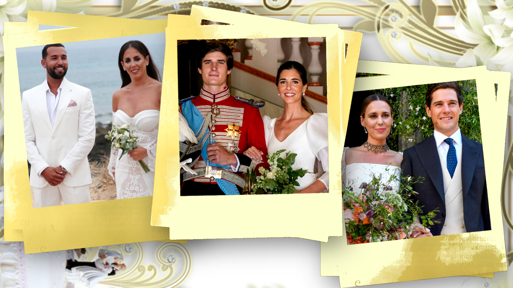 Anabel Pantoja y Omar Sánchez; Carlos Fitz-James Stuar y Belén Corsini; y Claudia Osborne y José Entrecanales el día de su boda, en un montaje de JALEOS.