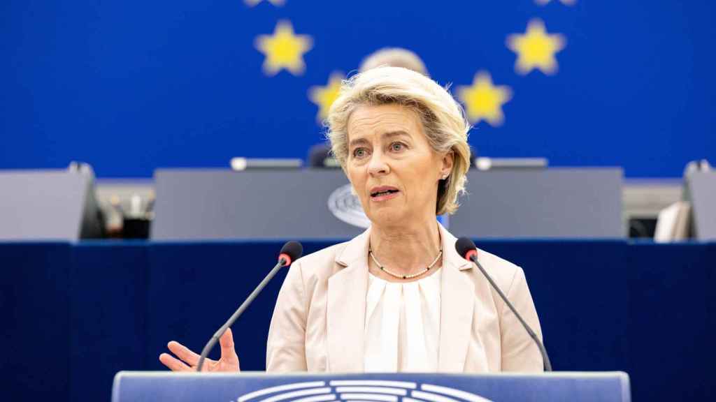 La presidenta Ursula von der Leyen, durante su comparecencia de este miércoles en la Eurocámara