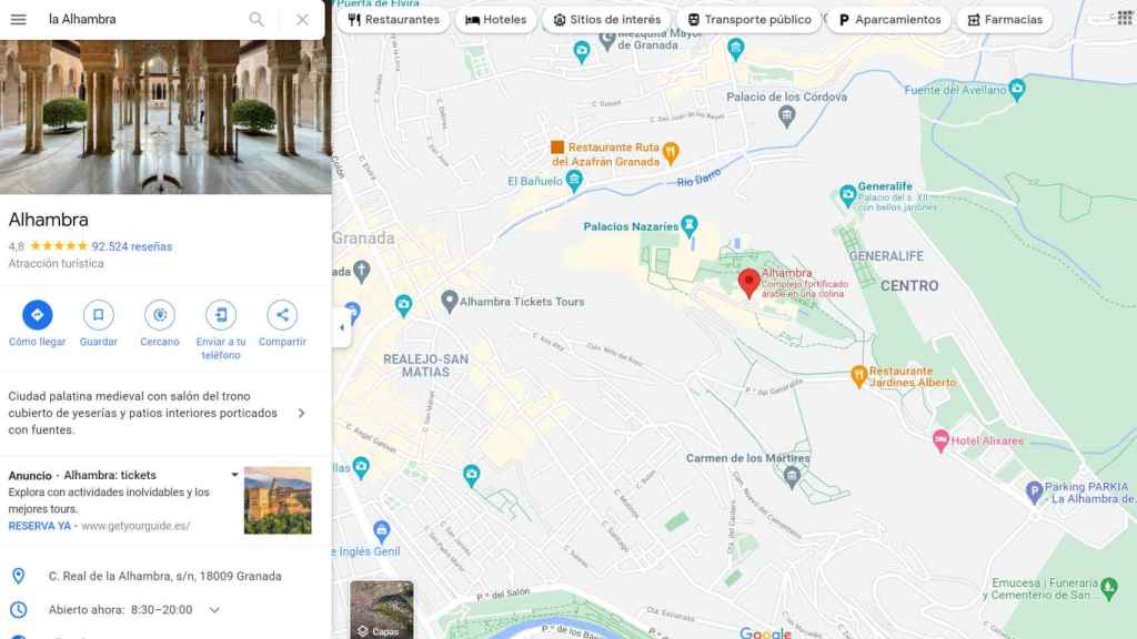 Búsqueda de La Alhambra en Google Maps