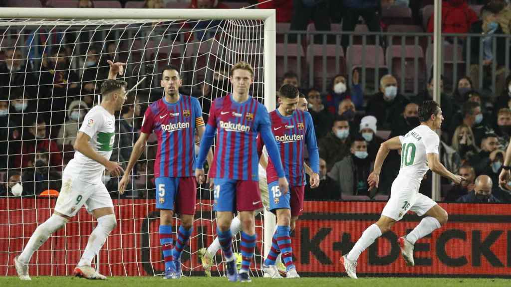 Pere Milla celebra su gol contra el Barça en el Camp Nou