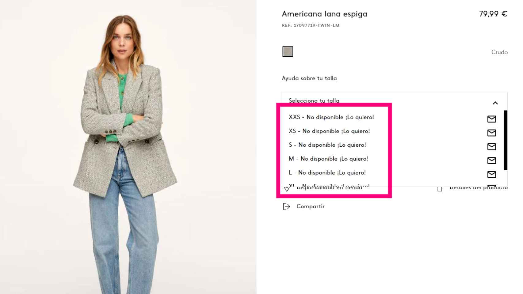 En la tienda online de Mango ya no puede encontrarse ninguna talla disponible en el abrigo de Letizia.