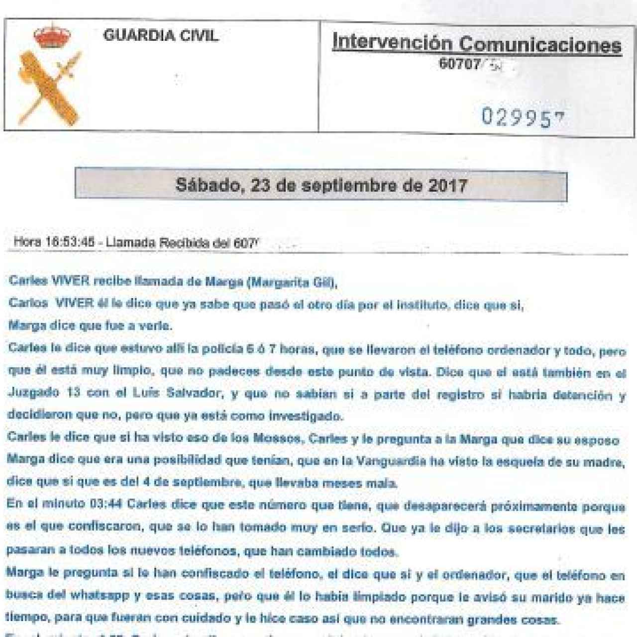 Transcripción de la Guardia Civil sobre la conversación entre la esposa de Jané y Carles Viver./