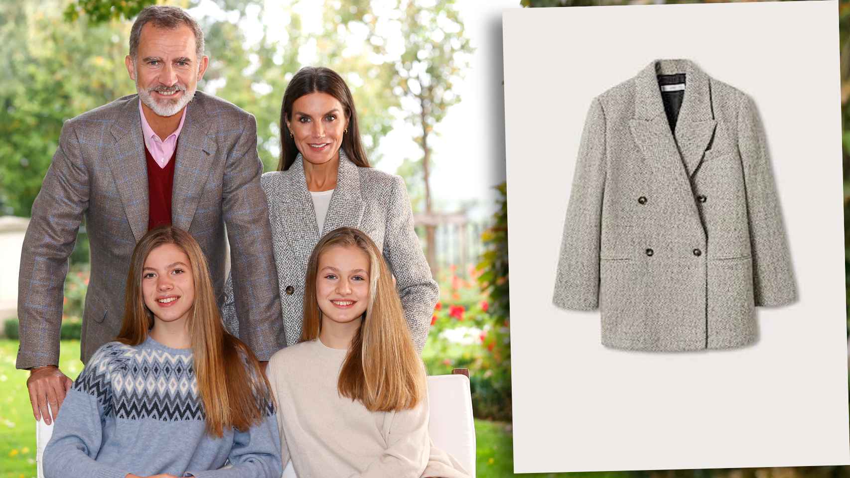 La familia real en la felicitación navideña de este 2021 en la que Letizia ha estrenado un abrigo de Mango.