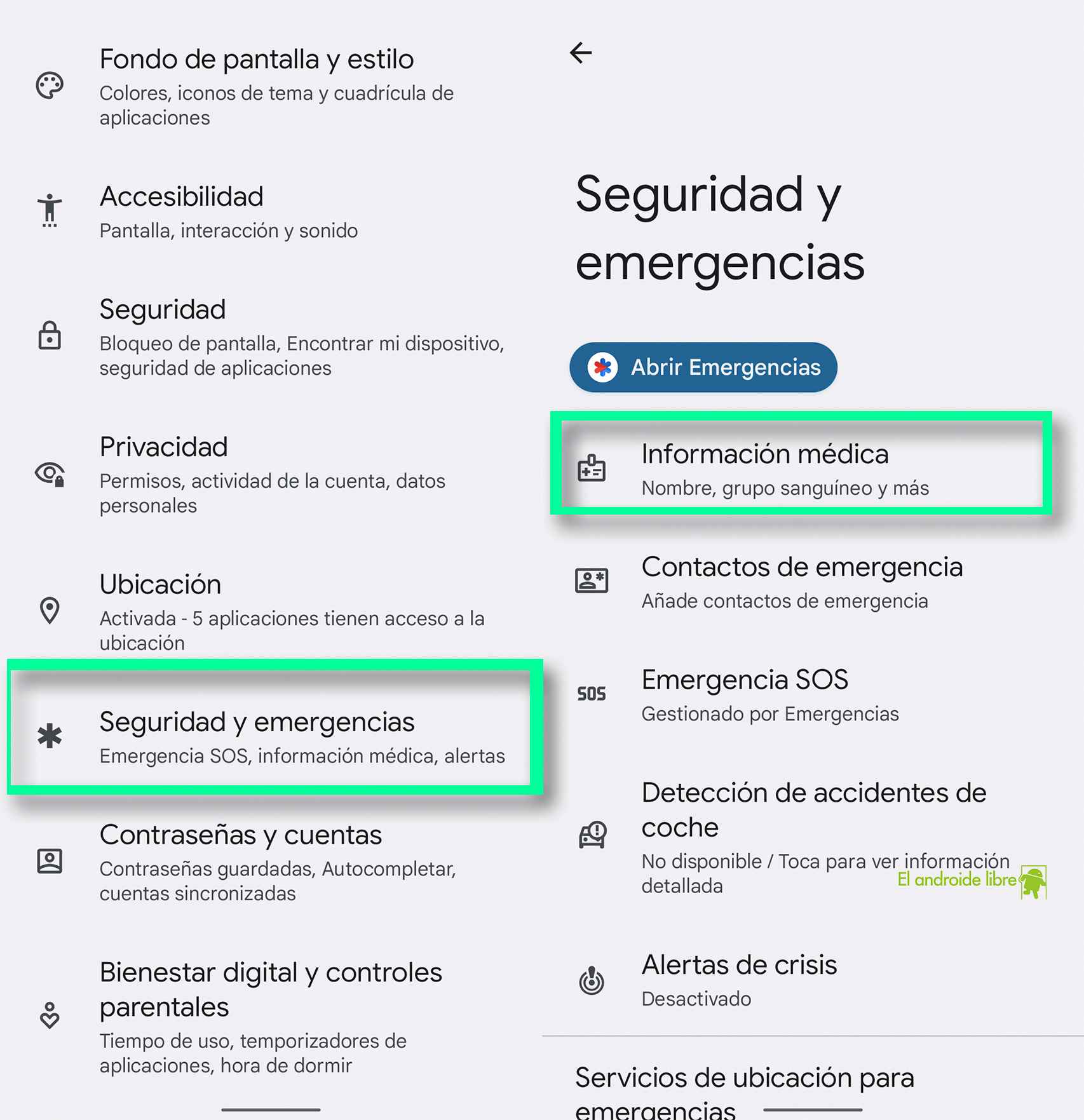 Información médica en Android 12
