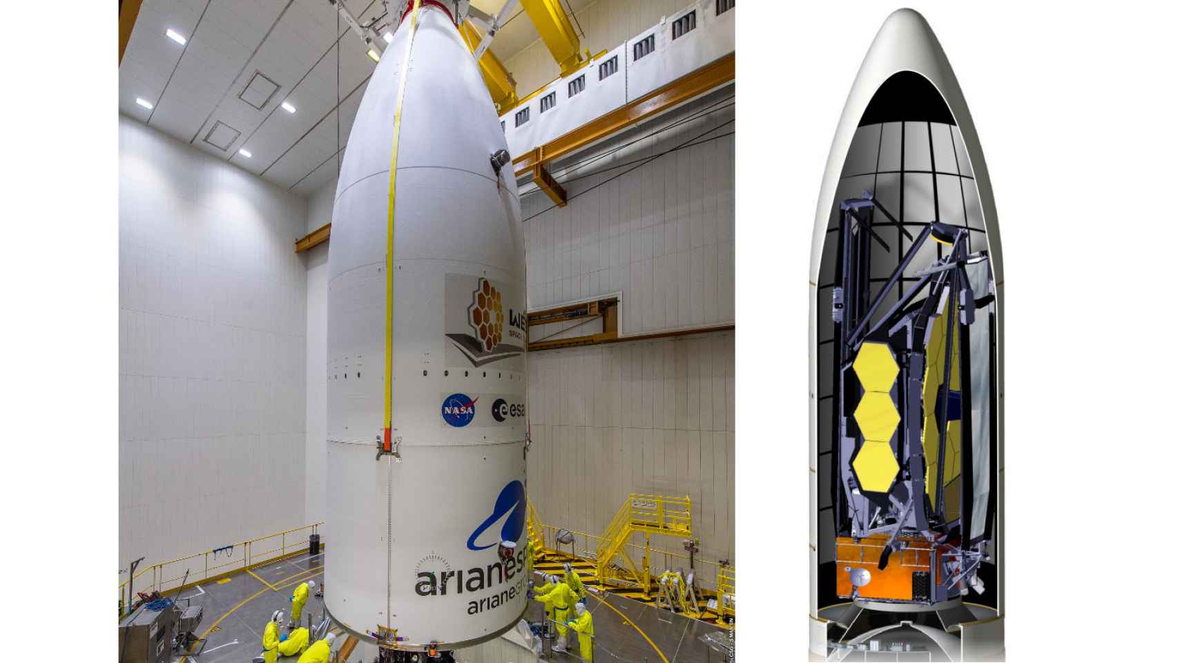 Módulo de carga del Ariane 5 e ilustración del interior con el James Webb plegado
