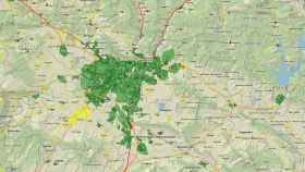 Visor de la conectividad de banda ancha en el área de influencia de Pamplona, con zonas en verde (máxima velocidad), amarillo (velocidad media) y rojo (sin servicio).