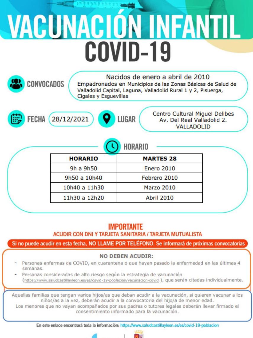 Convocatoria vacunación infantil 28 de diciembre