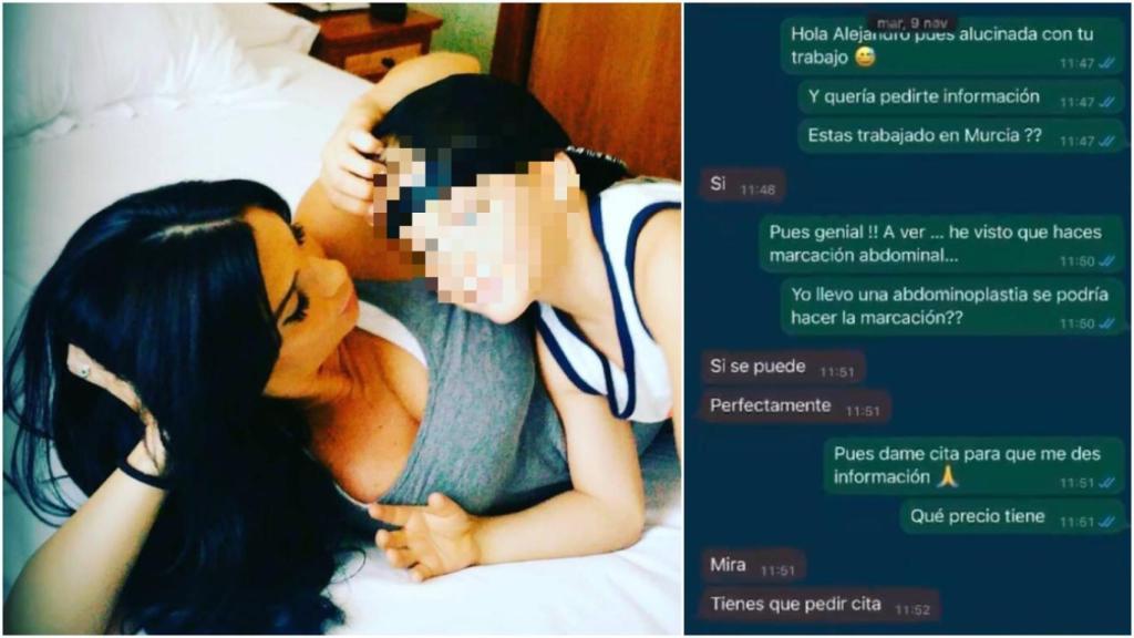 Sara, acariciando a su hijo, Izan, y al lado, la conversación de WhatsApp que mantuvo con el cirujano.