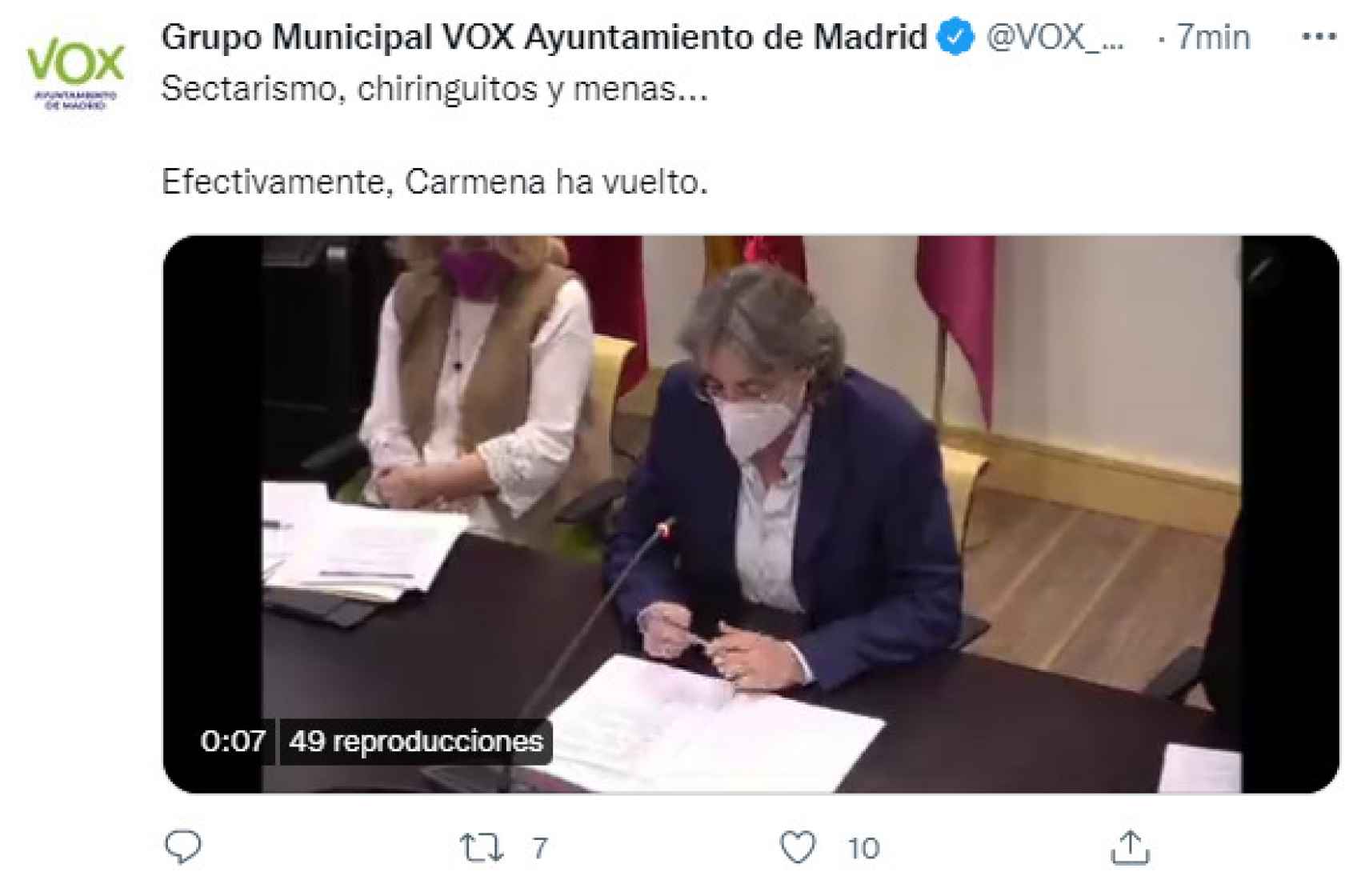 Tuit borrado de la cuenta de Vox en el Ayuntamiento de Madrid.