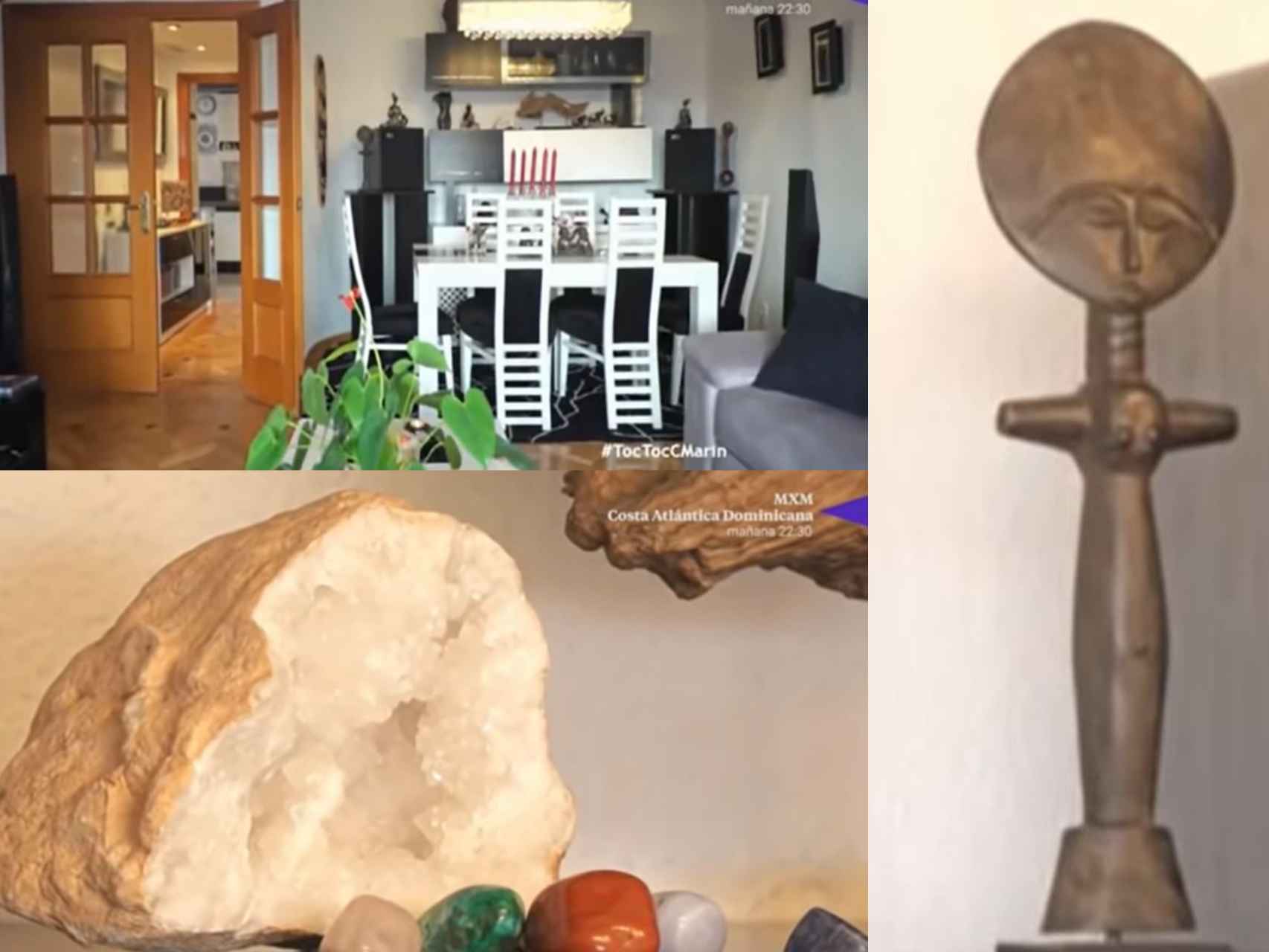El salón del cantante junto a la escultura que compró en África y la piedra amatista que preside el salón.