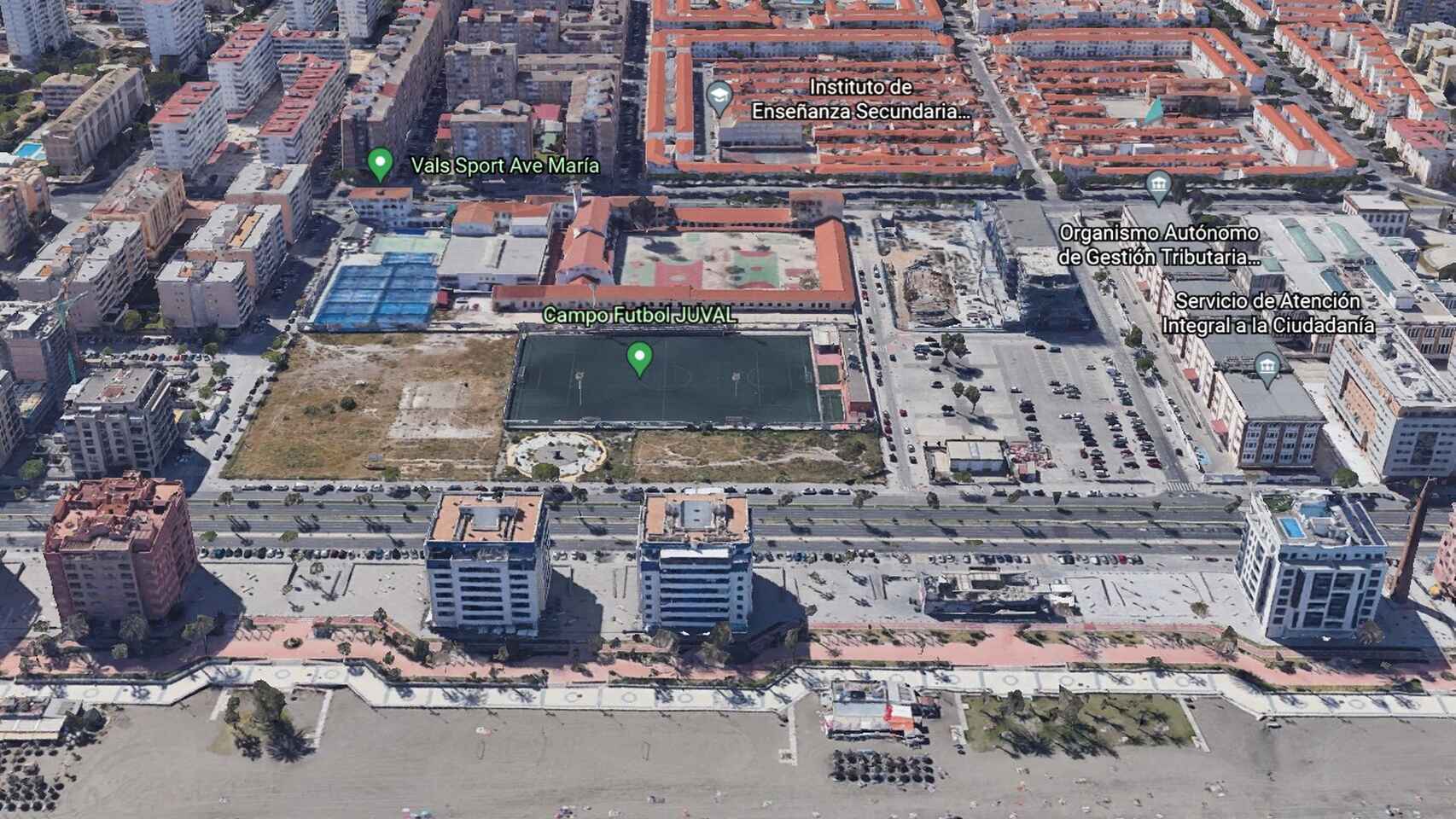 Vista de los terrenos que son propiedad de la Seguridad Social en el paseo oeste de Málaga.