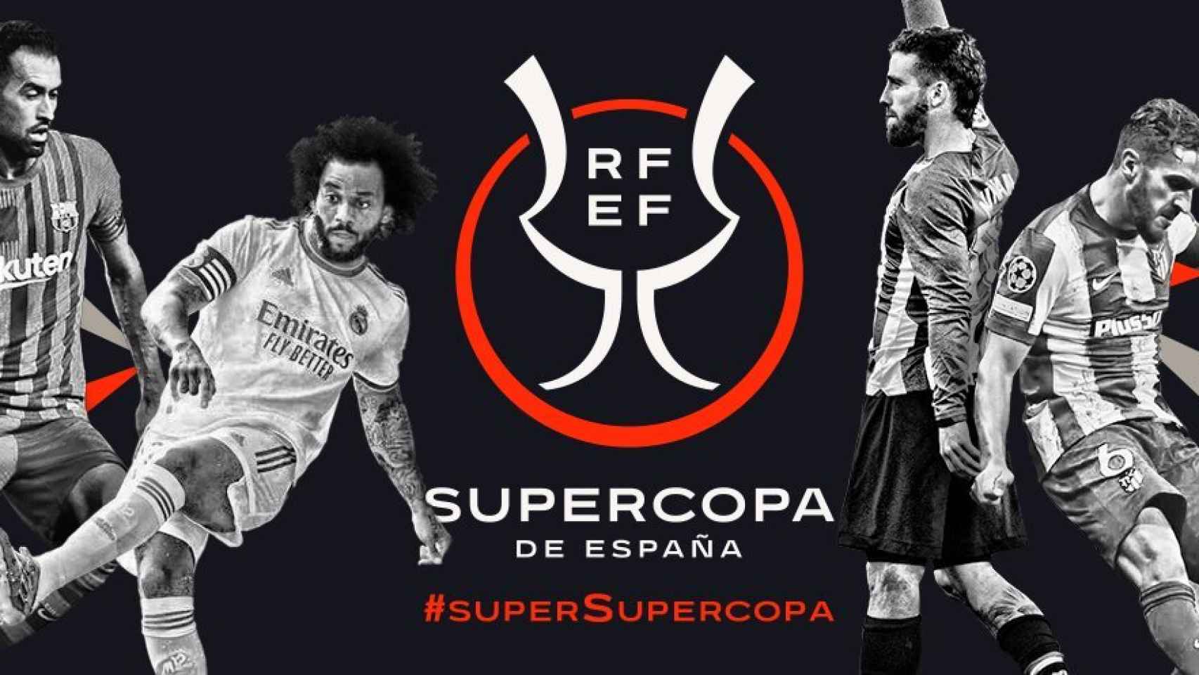 Cartel de la Supercopa de España 2022 con los capitanes de Real Madrid, Barça, Atlético y Athletic