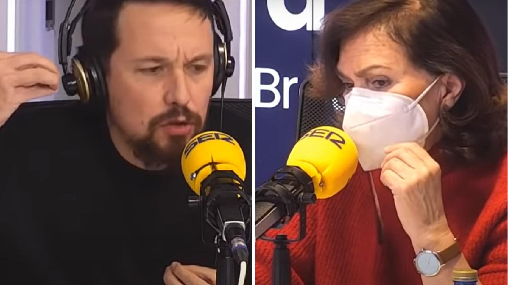 Los exvicepresidentes Pablo Iglesias y Carmen Calvo este lunes en la Cadena SER.
