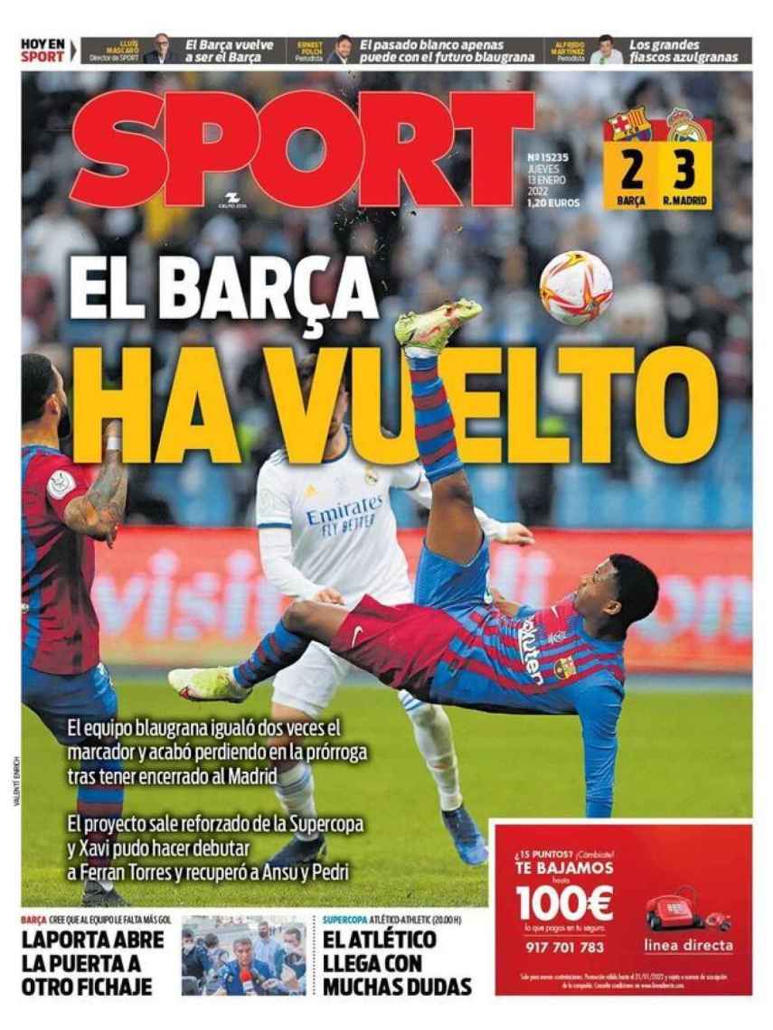 La portada del diario SPORT (13/01/2022)