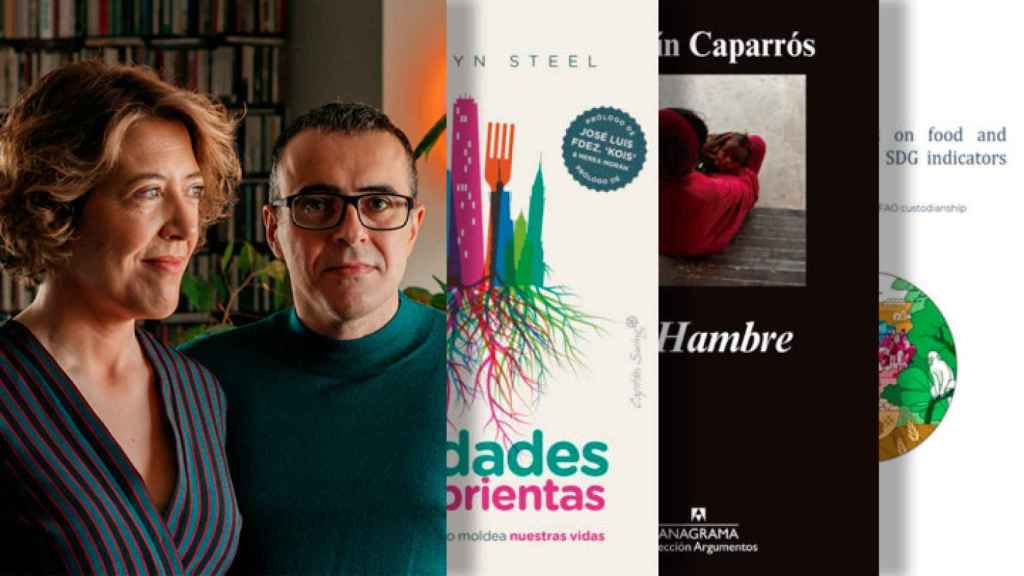 I. Maluenda y E. Encabo junto a las portadas de los libros de Carolyn Steel, Martín Caparrós y Marcela Villarreal